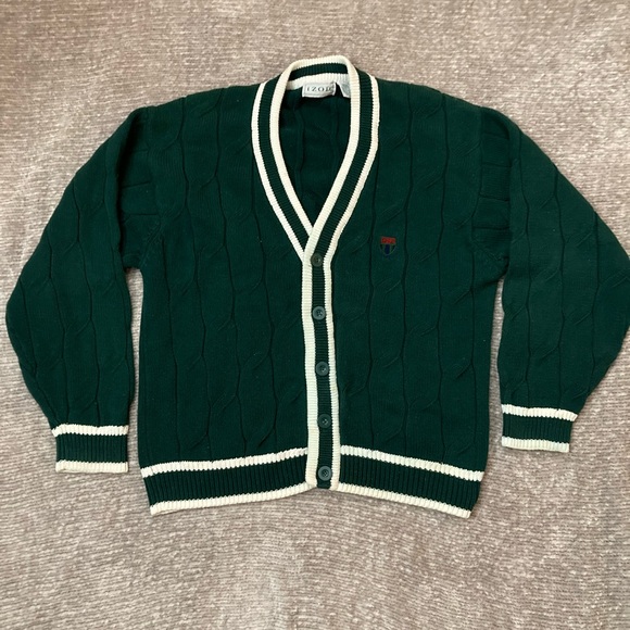 Vintage Izod Cable Knit Cardigan L Forest Green Grandpa Prep Varsity Tenniscore - Picture 1 of 8
